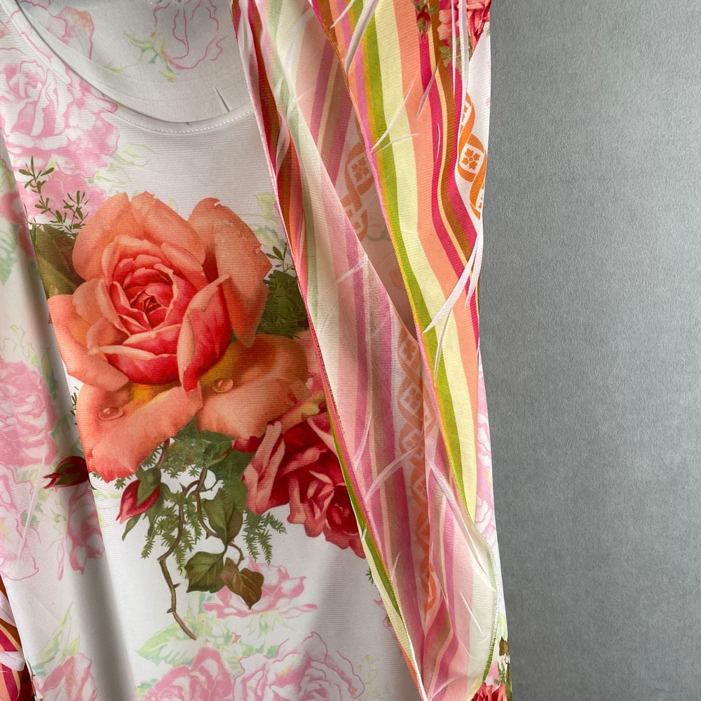 VTG Lavish Floral Rose Print Kaftan Blouse White Pink Orange Striped L USA Made - Picture 10 of 12